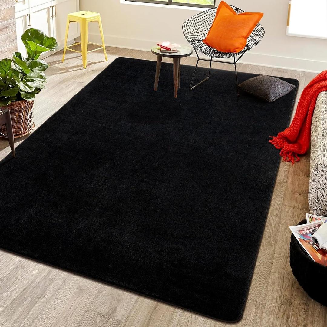 Softlife 4x6 Area Rug for Bedroom Living Room, Solid Black Non-Slip Fluffy Carpet with Soft Low Pile for Kids Boys Girls, Machine Washable Fuzzy Aethetic Rugs Home Dorm Decor