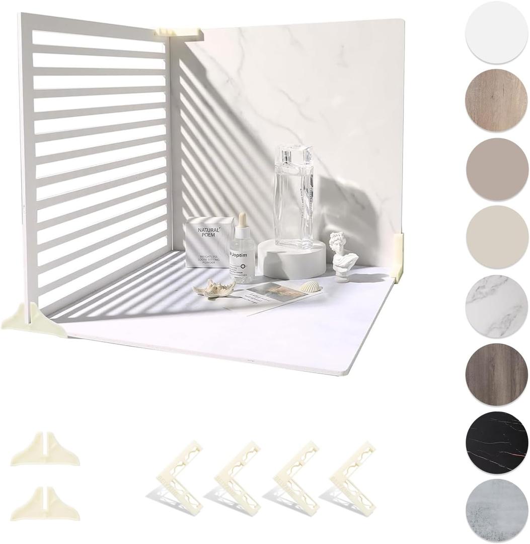 4PCS Double Sided Backdrop Boards, 16x16 inch Waterproof Photo Backdrop with 4PCS Board Brackets, 2PCS Pane Brackets, 1PCS 16x16 inch Window Shadow Pane for Food, Jewelry Photo Shooting (Marble/LightWall/EggshellYolk/BeanPasteBrown/Pane)