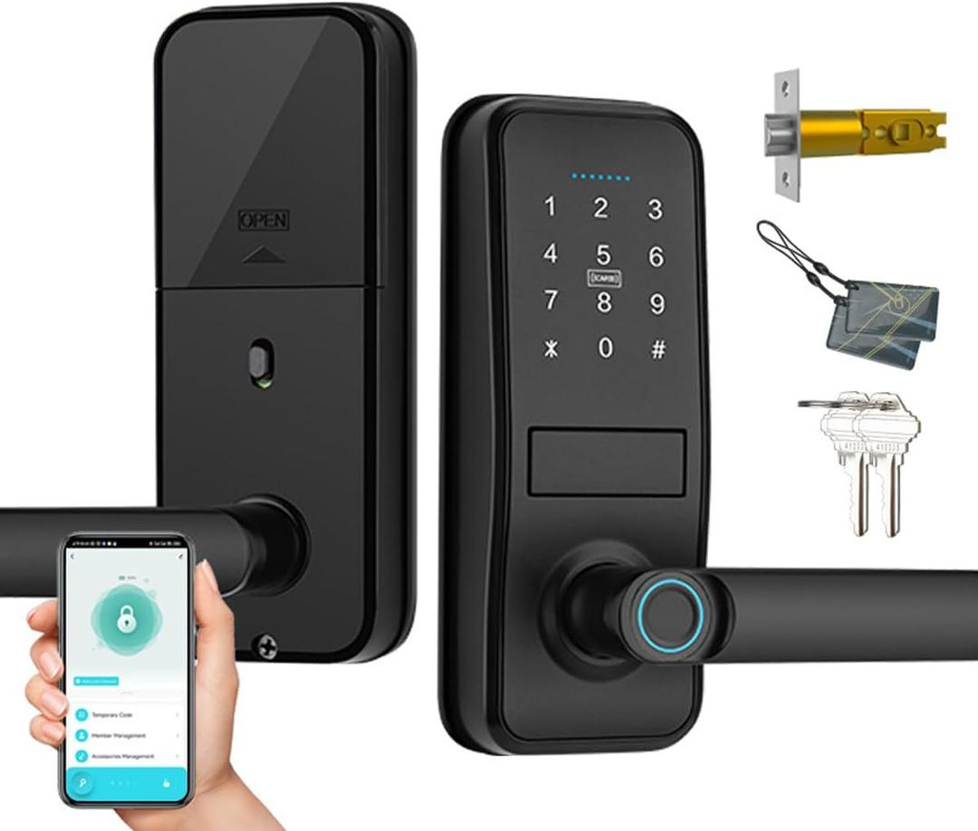 Smart Lock, Keyless Entry Door Lock with Sleek Matte Black Handle, Electronic Keypad Deadbolt, Fingerprint & Touchscreen Keypad, Biometric Door Lock, Bluetooth Smart Lock for Front Door (Black)