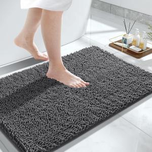 Yimobra Chenille Bathroom Rugs - 32"x20" Super Luxury Soft & Absorbent Quick Dry - Non Slip Bath Mat for Tub Shower - Machine Washable - Dark Gray