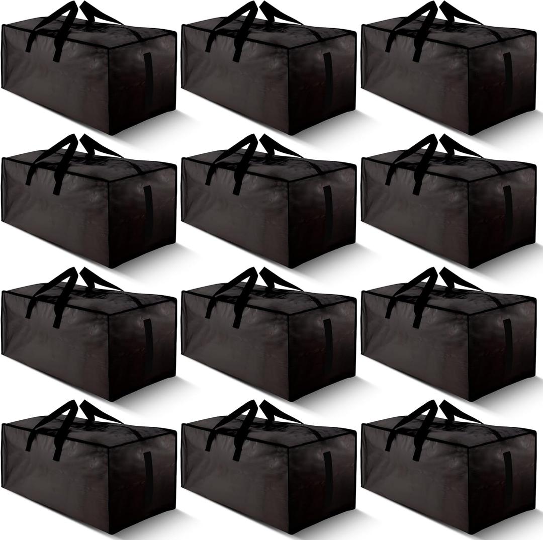 12 Pack Large Strong Moving Bags with Zippers & Carrying Handles - Water-Resistant - Heavy Duty Storage Tote for Space Saving Moving Storage, Fold Flat, Alternative to Moving Box (Black)