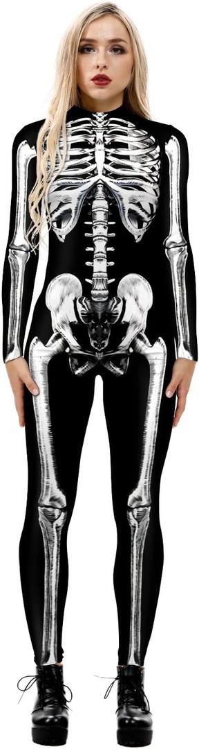 Women's Skull Skeleton Halloween Costume Jumpsuit Bodysuit Cosplay Bodysuit Outfit, L