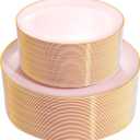 PULOTE 100PCS Pink Plastic Plates - Heavy Duty Pink and Gold Disposable Plates for Party, Wedding & Mother’s Day, Include 50 Dinner Plates and 50 Dessert Plates