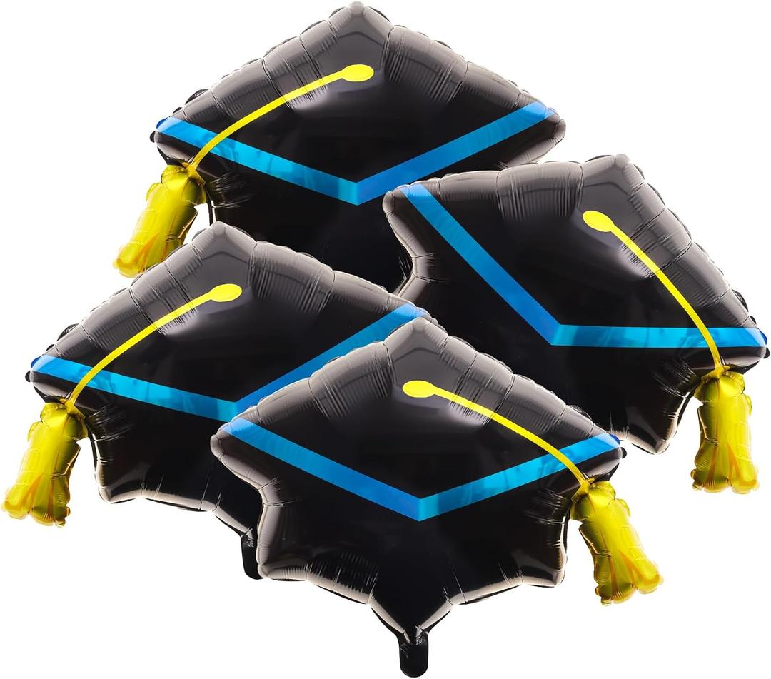 4 Pcs 22 Inches Black Graduation Cap Balloons Large Academic Grad Hat Mylar Foil Balloons with Tassel Design Balloons Decor for Party Ceremony Decorations Supplies