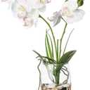 Jusdreen White Orchid Centerpiece in Glass Vase, 14.5 Inch Artificial Phalaenopsis with Potting for Home Office Decor, Table Centerpiece