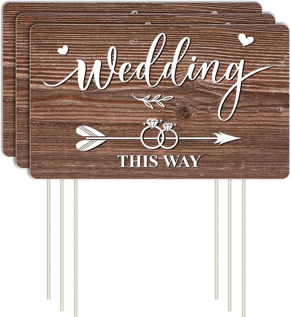 Lesnala 3Pcs Double Sided Wedding this Way Sign Corrugated Plastic Direction Arrow Marks with Stakes for Indoor Outdoor Ceremony Party Decorations 14.2 X 8.5inch