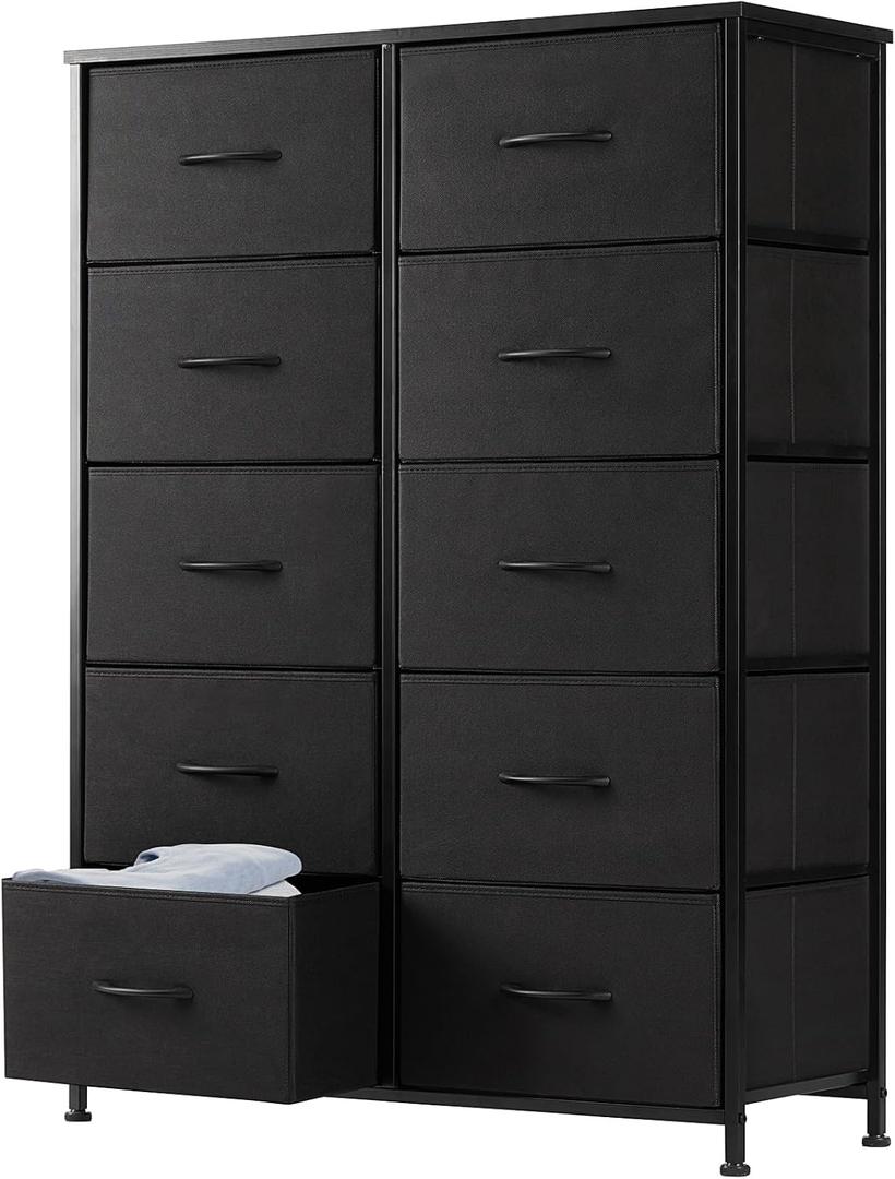 DUMOS Dresser for Bedroom, 10 Storage Drawers, Wide Fabric Closet Chests Organizer Tower Furniture with Wooden Top Metal Frame for Clothes, Guest Room, Living Room, Hallway, Entryway, 11.8"D x 31.5"W x 45.6"H