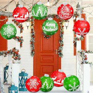 10 PCS Outdoor Christmas Decorations, 9 Inch Giant Inflatable Christmas Ornaments Ball/Orbs, Large Holiday Ornaments Decor for Front Door Yard for New Year FestiveRed & Green