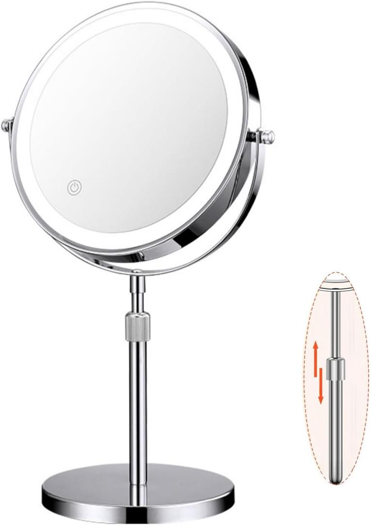 10X Lighted Makeup Mirror, 360 Rotation and Liftable, 3 LED Light Setting, Rechargeable Double Sidede Magnifying Vanity Mirror, Adjustable Brightness Cosmetic Light up Mirror, Silver (15"L x 8"W)