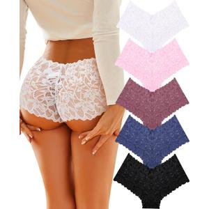 Sexy Underwear Panties for Women Cheeky V Waist Lace Boyshorts Lingerie Plus Size Underwear Gift Wife Women 5 Pack (3X-Large, 5 Pack-sky Blue*1 White*1 Baby Pink*1 Maroon*1 Black*1)