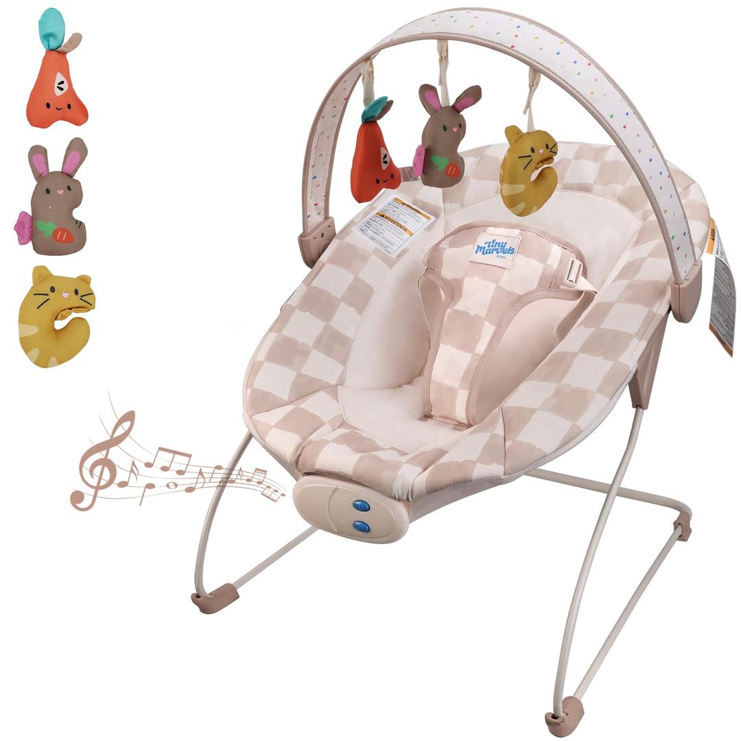 Baby Bouncer – Baby Bouncer seat, Infants Bouncy Seat with Music & Sensory Toys, Compact & Machine Washable Seat Pad Indoor Infant Seat, Ideal for Newborns 0-6 Months, Max Weight 20lbs (Sand Checker)