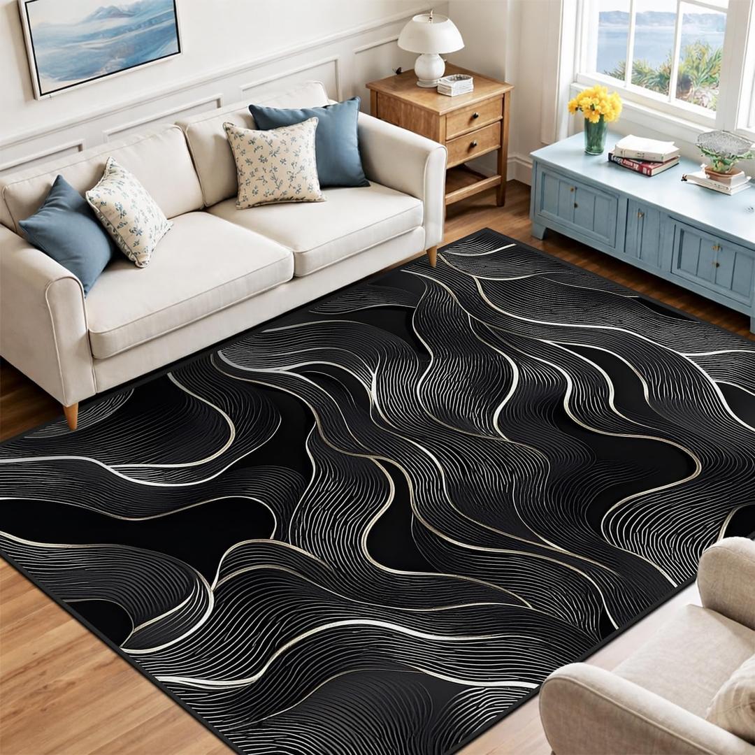 8x10 Area Rug Black White Modern Rug for Living Room Indoor Machine Washable Abstract Rugs for Bedroom Ultra Soft Dining Room Large Carpet Non-Slip Non-Shedding Throw Rug for Home Office