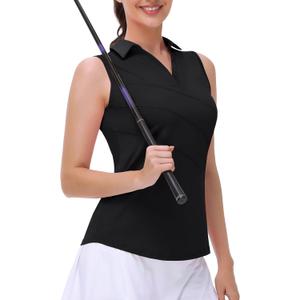 Women's Sleeveless Golf Polo Shirts Collared V Neck Tank Tops Moisture Wicking Tennis Workout Clothes Quick Dry (Black, XXL)