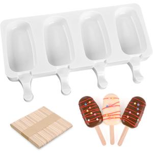 SAKOLLA Popsicle Silicone Mold, 4 Cavities Ice Pop Molds, Ice Cream Mold Oval Cake Molds with 50 Wooden Sticks (Large)