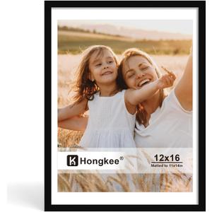 Hongkee 12x16 Picture Frame, Made of Solid Wood with Real Glass, Display Pictures 11x14 with Mat or 12 x 16 without Mat - Wall and Tabletop (Black, 1 Pack)