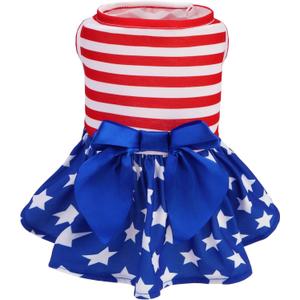 PUPTECK Print Dog Dress Pet Apparel for 4th of July with Cute Bowtie Puppy Clothes Outfit, USA Flag Indepandence Day Stars and Stripes Patriotic, Flag, S