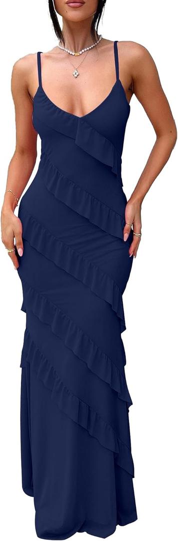 HOCILLE Women's Sexy V Neck Backless Bodycon Spaghetti Strap Elegant Ruffle Maxi Cocktail Party Dresses (Medium)