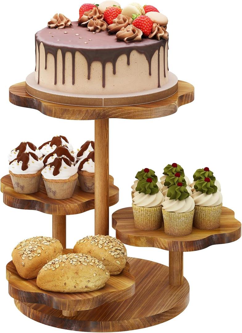 4 Tier Flower Shape Cupcake Stand,Wood Cupcake Tower Stand for 24 Cupcakes,Cupcake Holder Tiered Tray Stand,Cake and Cupcake Stand Combo Perfect for Wedding/Tea Party/Baby Shower Birthday