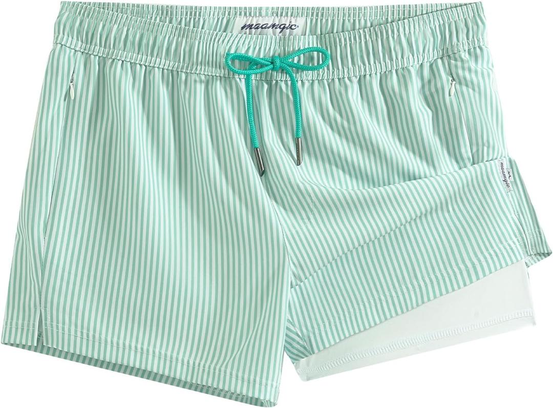 maamgic Mens Swim Trunks with Compression Liner Short Stretch Mens Bathing Suit Quick Dry Swimming Trunks Swimsuit (Large, Stripe Greenwhite)