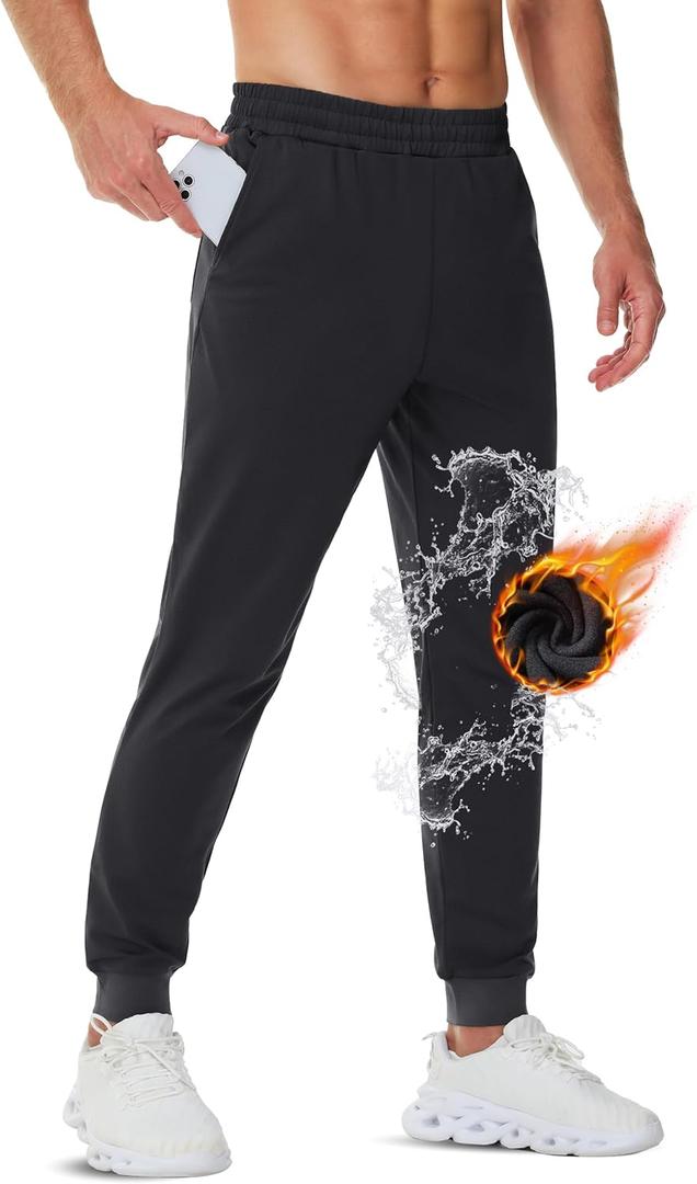 TACVASEN Men's Fleece Lined Joggers with Pockets Winter Warm Sweatpants Water Resistant Gym Workout Athletic Pants Men (36, Black)