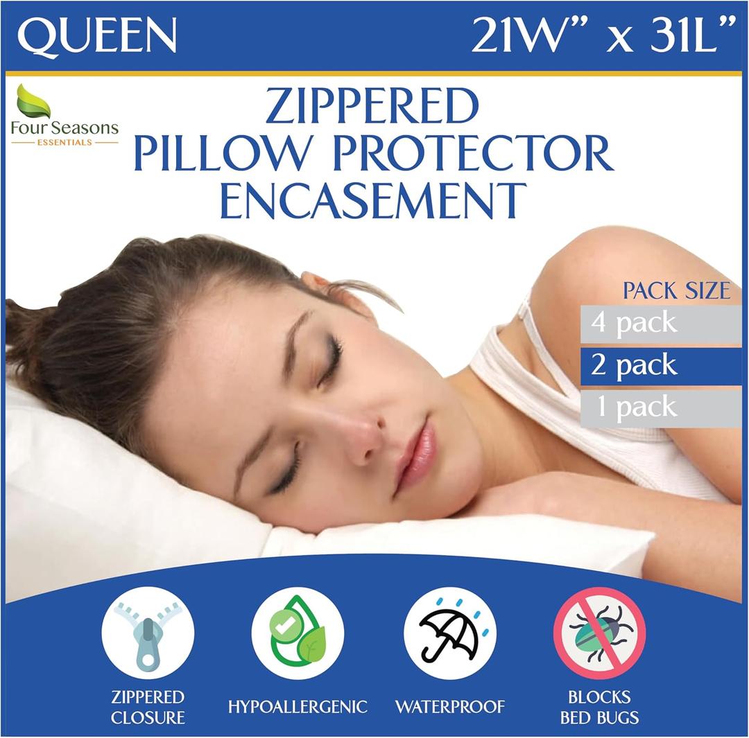 Queen Size Waterproof Pillow Protectors (Set of 2) Zippered Hypoallergenic Pillowcase Cover Allergen Dust Proof Encasement