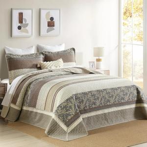 Farmhouse King Size Bedspread 120"x120" - 100% Cotton Lightweight Oversized King Quilt with 2 Pillow shams, Botanical Striped Quilted Bedding Coverlet Set for All Season, 3Pcs, Beige/Brown