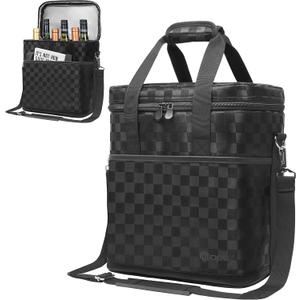opux 6 Bottle Carrier Tote | Insulated Padded Wine Cooler Bag for Travel. Picnic, BYOB | Portable Leakproof Wine Tote Bag for Dinner, Party, Christmas, Wine Gift for Women, Men (Black Square)