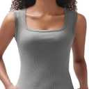 Women's Square Neck Ribbed Tank Tops Sleeveless Shirts Casual Basic Tanks Slim Fitted Workout Tops French Gray XL