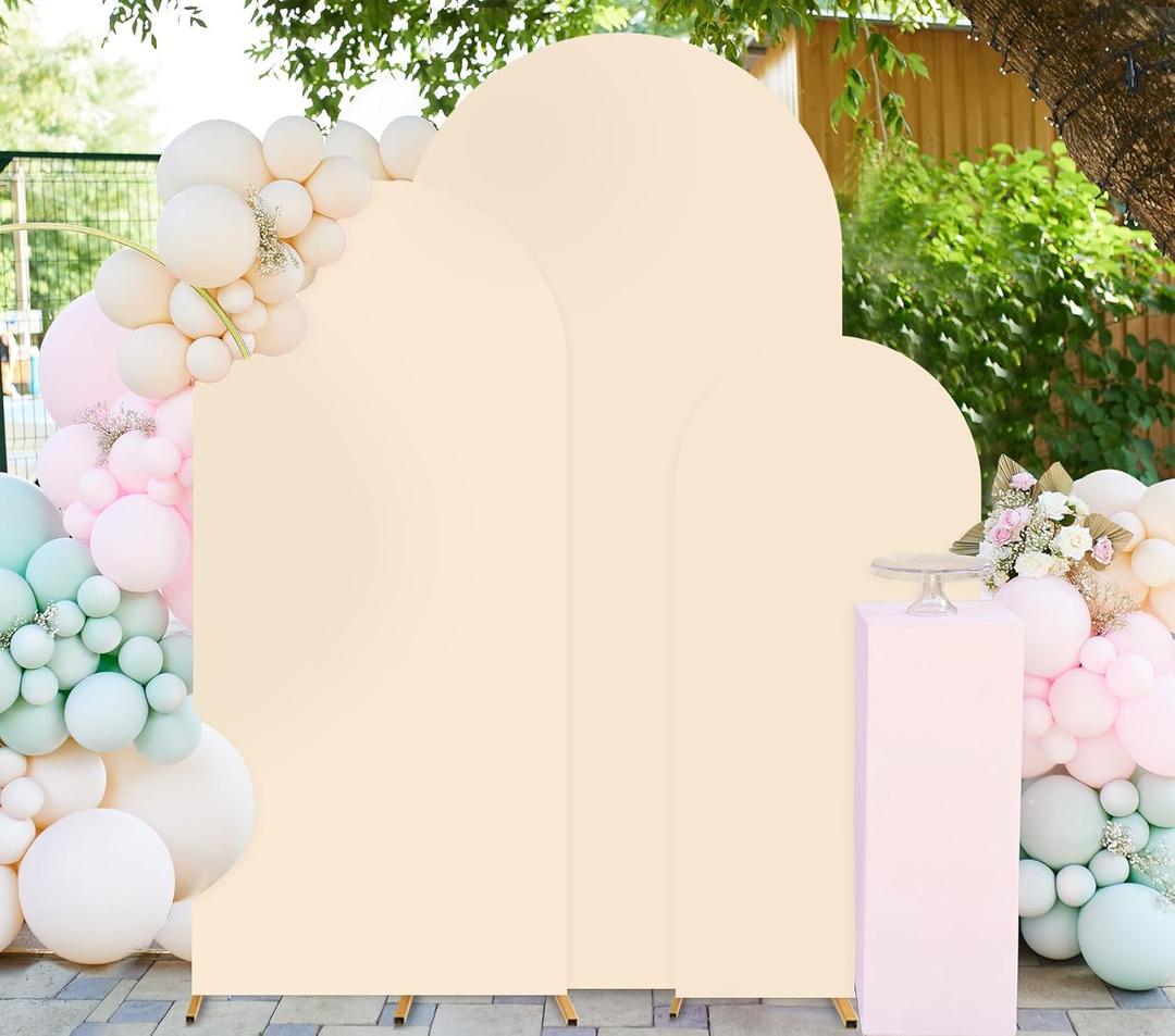 FUHSY Spandex Fitted Arch Backdrop Cover Set of 3 Wedding Arch Covers Beige 6FT, 6.6FT, 7.2FT Chiara Backdrop Stand Set Cover Arched Arbor Arches Stand Covers for Kids Party Birthday Decor