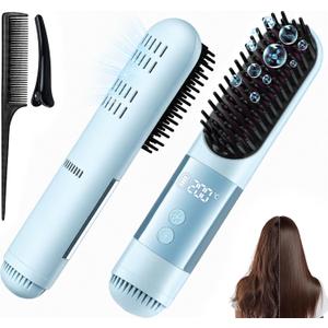 Cordless Hair Straightener Brush with Cool Air, 5-in-1 Portable Ionic Frizz-Free Straightening Brush, Rechargeable Touch Up On-the-Go Brush, MCH Fast Heating, LED Display, Anti-Scald for Women Travel