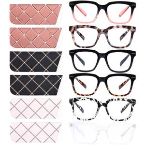 6 Pack Fashion Reading Glasses for Women Men Blue Light Blocking Oversized Square Readers with Spring Hinge (6 Pack Mix)