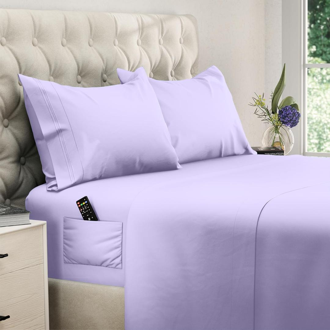 DREAMCARE Full Size Sheets Set - 4 Pcs Cooling Bed Sheets with Up to 15" Deep Pockets - Soft, Long-Lasting 100% Brushed Polyester with Side Pocket (Lavender)