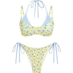 ZAFUL Women's Polka Dot Bikini Set Double Layer Halter Swimsuit Colorblock Side Tie 2 Piece Bathing Suit (Yellow, M)