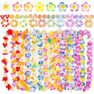 48 PCS Leis for Luau Party Decorations Hawaiian Leis Bulk Headbands Wristbands Flower Hair Clips for Tropical Beach Pool Summer Beach Vacations Party Favors for Birthday Wedding Graduation Decor