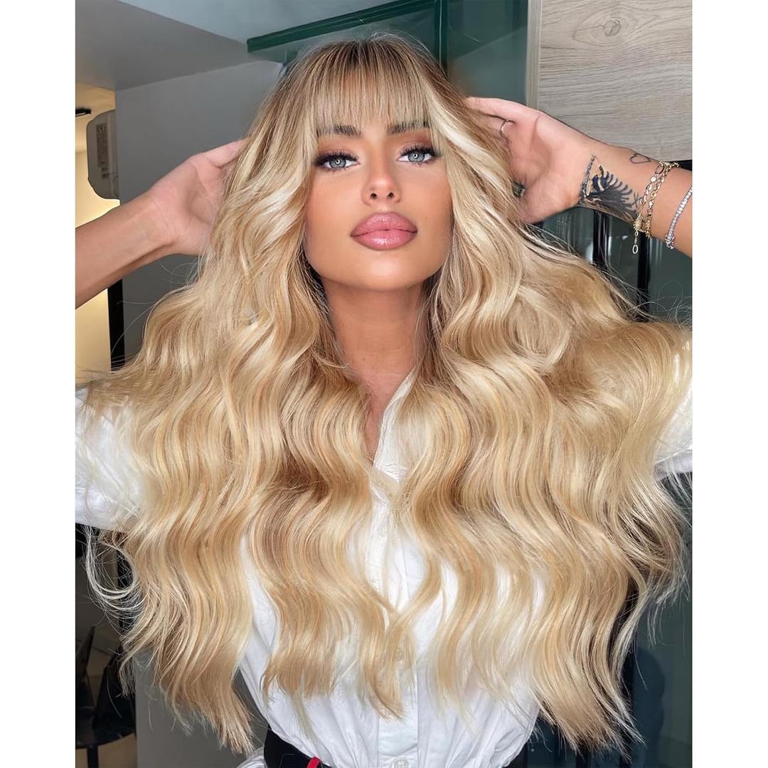 Long Blonde Wigs with Bangs Ombre Blond Wavy Wig for Women Curly Synthetic Heat Resistant Hair Wig for Party Cosplay Daily Use