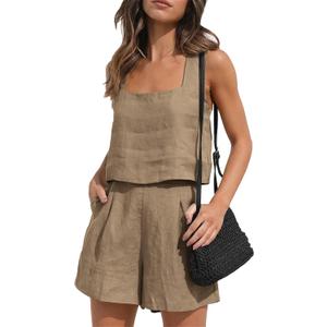 YMING Womens 2 Piece Outfits Summer Sleeveless Solid Color Blouse and Shorts Two Piece Cotton Linen Sets Dark Khaki L (L)