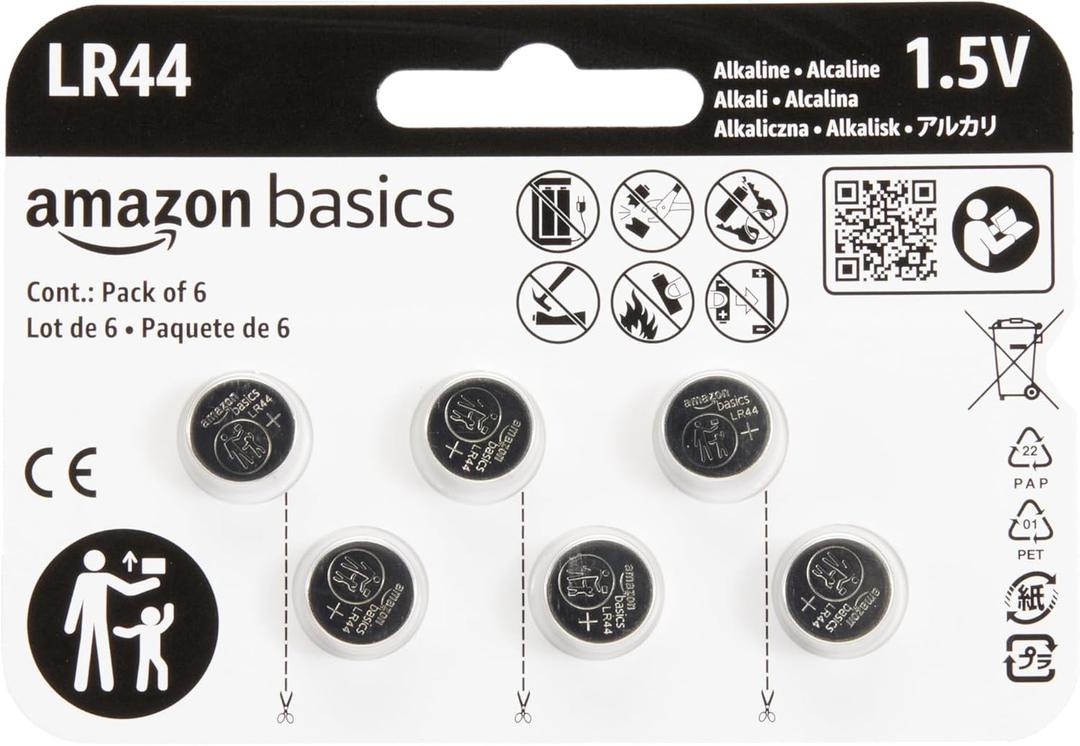 Amazon Basics 6-Pack LR44 Alkaline Button Cell Replacement Battery, 1.5 Volt, Long Lasting Power, Mercury-Free