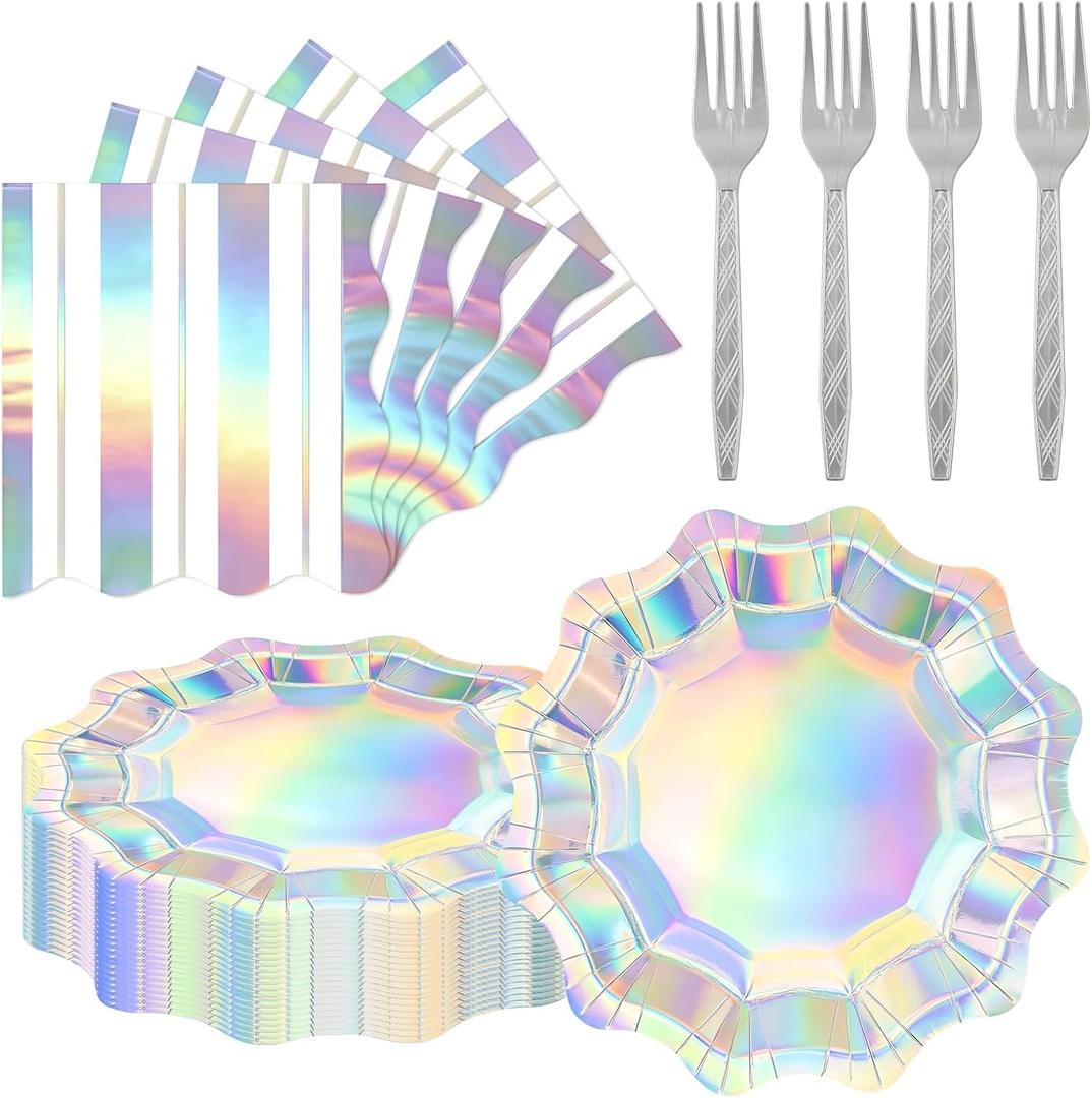 2 x Iridescent Silver Party Plates and Napkins Set 20 Pieces, 7 Inch Flower Silver Paper Plates Disposable with Forks Napkins, Iridescent Party Supplies for Birthday Wedding Bridal Shower Graduation