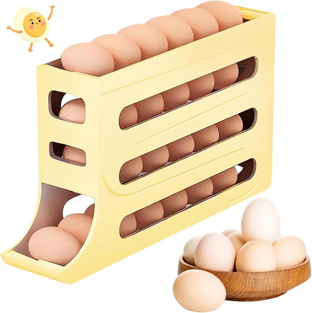 Egg Holder for Fridge, 4 Tiers Dispenser, 30 Egg Container Refrigerator, Large Capacity Organizer Automatic Fridge Rolling Egg Container for Pantry Countertop (Beige)