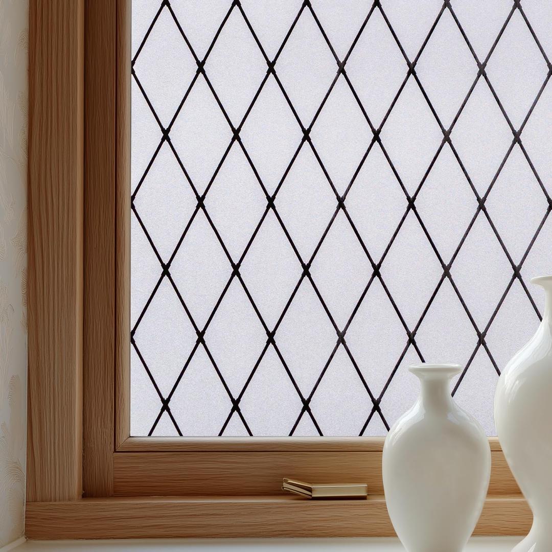 OHTMERU Window Privacy Film Decorative for Front Door, Bathroom Static Cling Stained Glass Sticker Opaque Heat Control UV Blocking Non-Adhesive for Home, Black Grid 35.4 x 78.7 inches