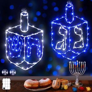 Meonum 2 Pack Hanukkah Decorations Window Lights, 8 Modes Blue White Chanukah LED Silhouette Lights Battery Operated with Timer for Jews Judaism Synagogue Passover Hanukkah Party Decor (Dreidel)