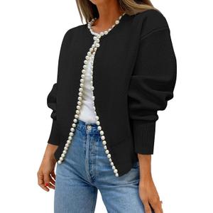 ZESICA Women's Open Front Cardigan Sweater 2026 Spring Casual Knitted Long Sleeve Pearls Trim Outerwear Coat Trendy Clothes (Black), Small