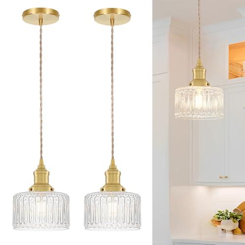 Vintage Pendant Light Set of 2, Brushed Gold Pendant Lights Kitchen Island with Clear Glass, Brass Kitchen Island Light Adjustable Hanging Light for Entrance Living Room Bathroom Dining Room Hallway