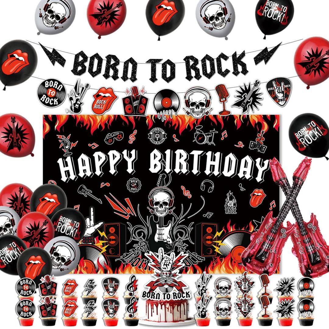 45Pcs Rock and Roll Party Decorations Include Born to Rock Banner-Backdrop-Guitar Balloons-Cake Topper-Cupcake Toppers for Music Themed Party Decorations