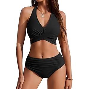 AI'MAGE Womens High Waisted Bikini Sets Tummy Control Bathing Suits Halter Two Piece Swimsuit Modest Bikini 2026 Black,L