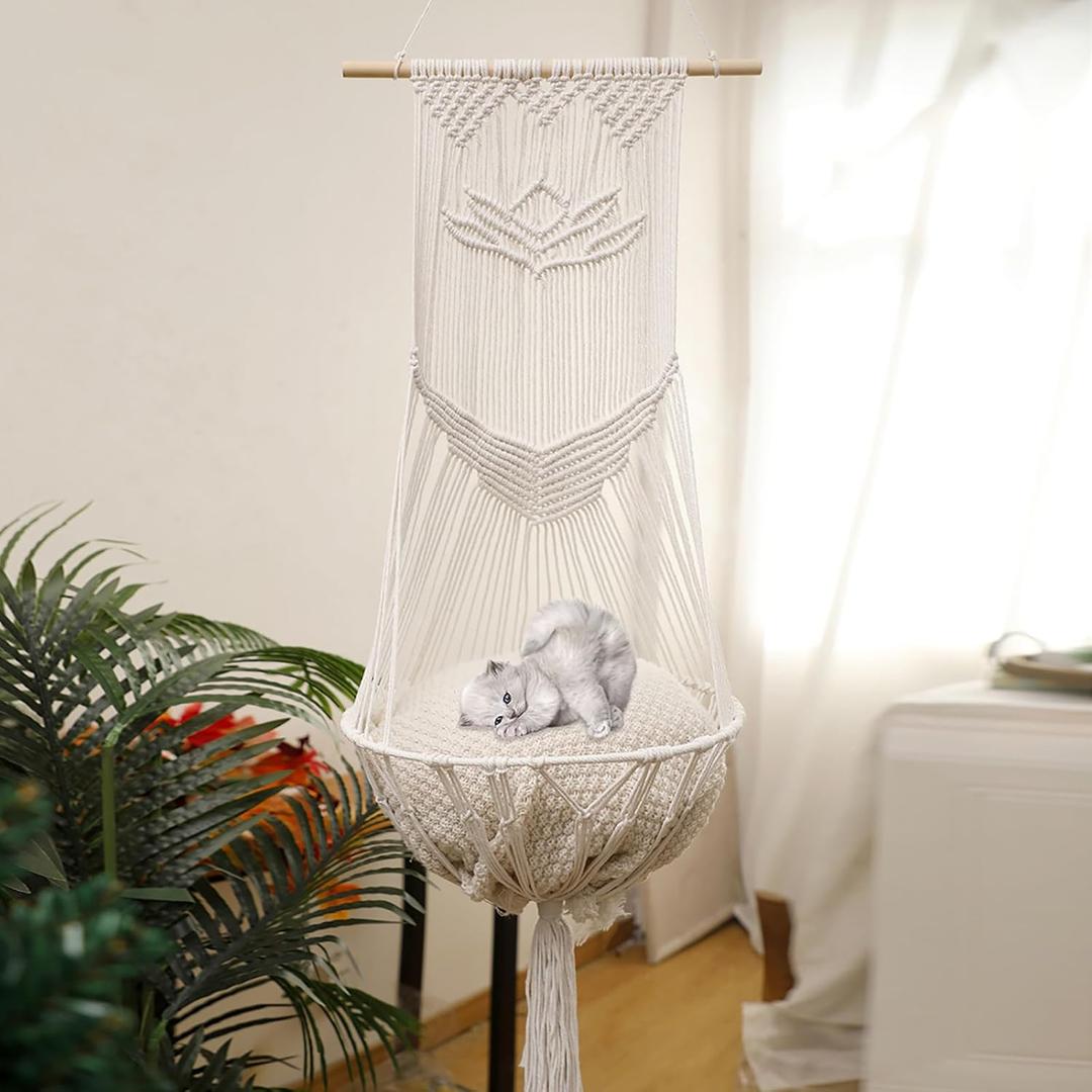 Macrame Cat Hammock-Boho Cat Bed Cotton Wall Hanging for Window Indoor Outdoor Home Decor, Macrame Cat Bed Hanging for Sleeping, Playing, Climbing and Lounging 49.2" Lx15.74 W