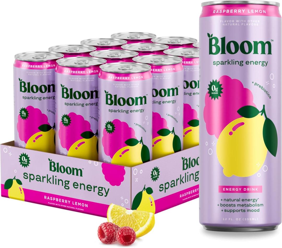 Bloom Nutrition Sparkling Energy Drink for Focus, Natural Caffeine, Zero Sugar, 180mg Caffeine, Antioxidant-Rich with Green Coffee Bean, Green Tea Extract, & Prebiotics, Raspberry Lemon 12oz 12 Pack (EXP 09/17/27)