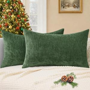 decorUhome Chenille Moss Green Fall Throw Pillow Covers 12x20 Inch Set of 2, Decorative Soft Couch Pillow Covers Solid Dyed Accent Velvet Farmhouse Neutral Rectangle Christmas Pillow Cases for Sofa
