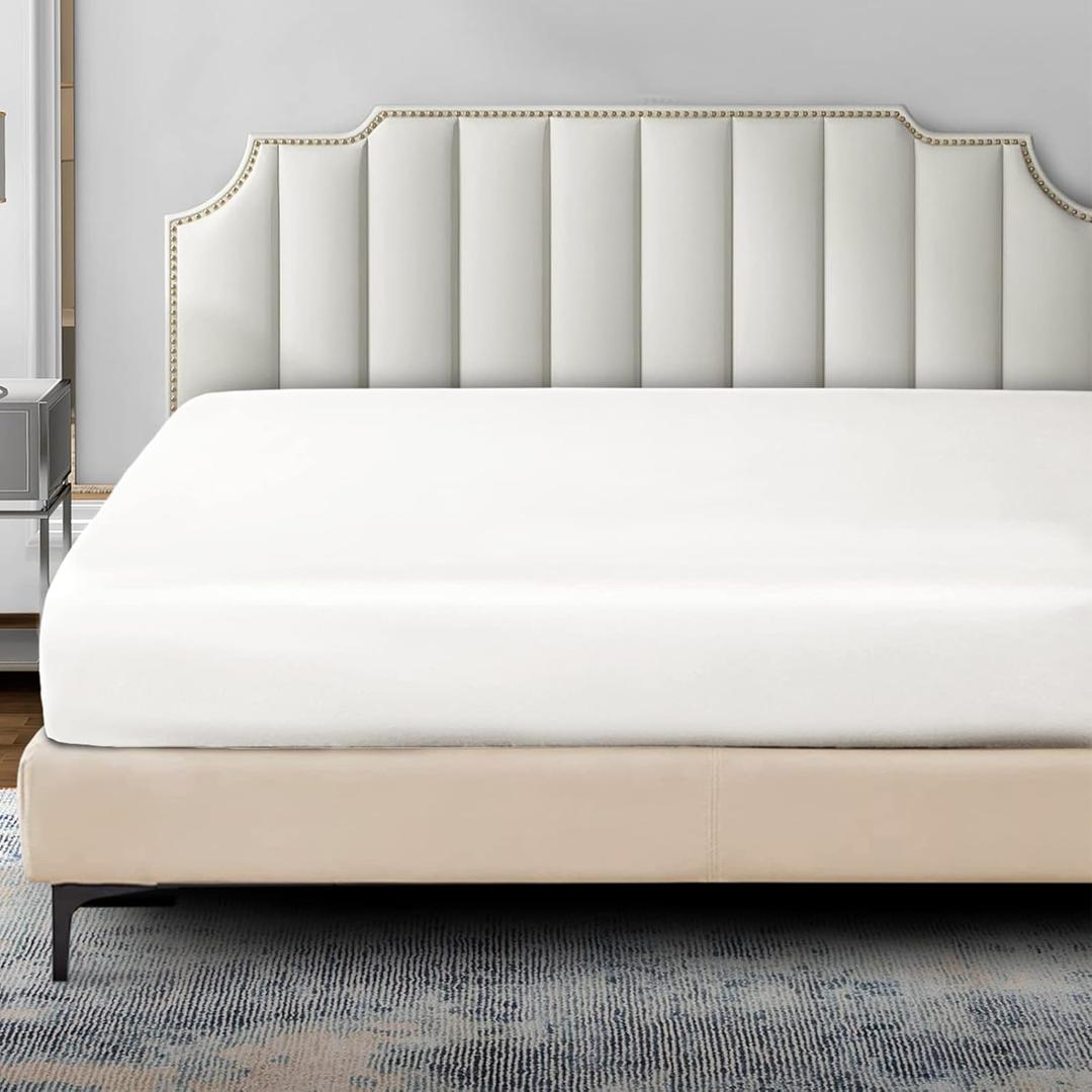 P Pothuiny Satin Fitted Sheet Queen Size, 1 Single Fitted Sheet Only, Extra Soft Deep Pocket Bottom Bed Sheets Mattress Cover Fits 12" to 16", Wrinkle Free, Fully Elasticized (Ivory White)