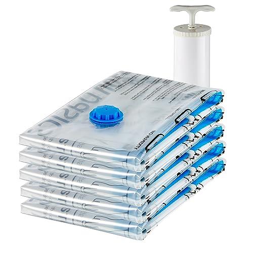 Amazon Basics Vacuum Compression Zipper Storage Bags With Hand Pump, Medium, Clear, 4-Pack, White, Sky Blue